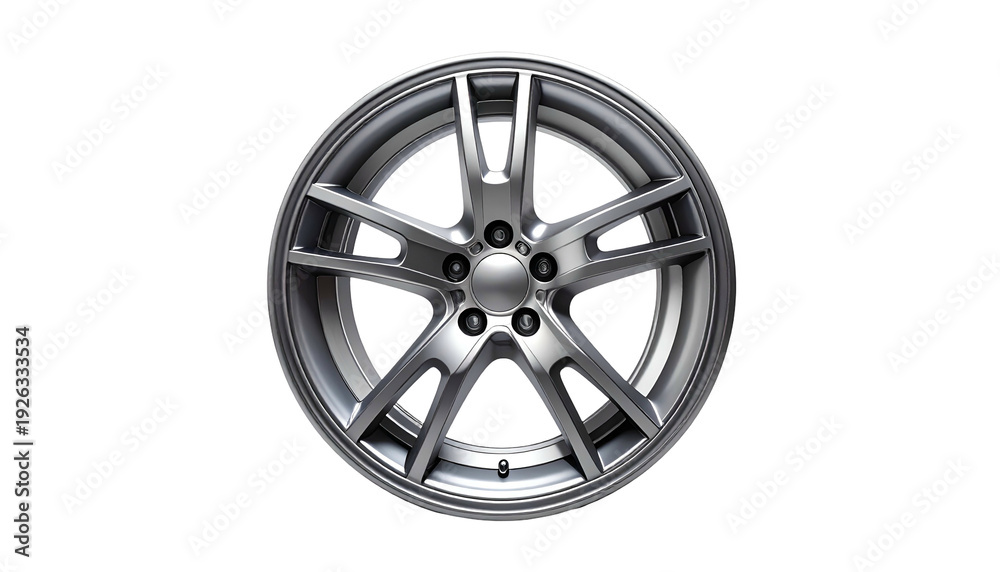 Obraz premium Detailed, isolated shot of a modern, multi-spoke automotive alloy wheel against black