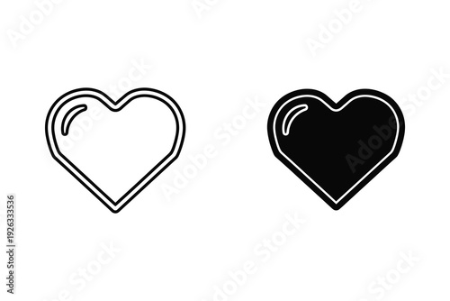 Heart shape icons, outlined and solid black, for love and liking