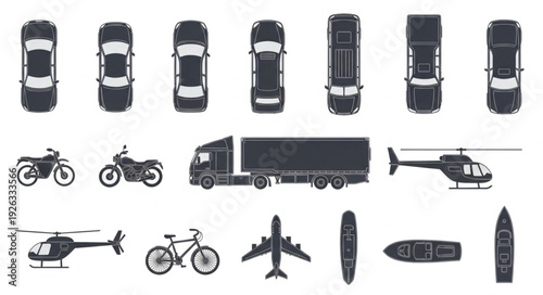 Collection of various transportation vehicles, including cars, trucks, and aircraft, from a top-down perspective.
