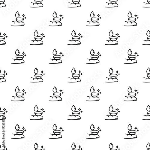 Outlined icons showing a contact lens, solution drop, and shiny sparkles in a seamless pattern