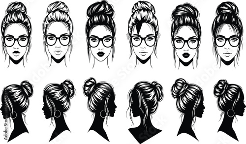 Collection of twelve stylized woman head illustrations with bun hairstyle, featuring front and side profiles, accessories, and creative fashion themes