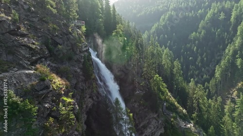 Aerial view of Stuibenfall waterfall in the Alps Austria. Travel Europe mountain adventures.
