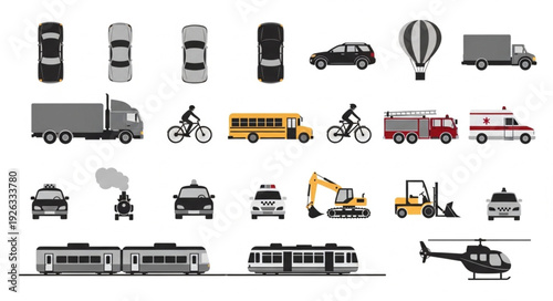 Collection of various transportation vehicles, including cars, trucks, and other modes of transport.