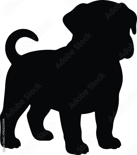 Black vector silhouette of a cute young puppy standing in profile for pet shop branding animal care veterinary services and domestic canine lover designs(24words)