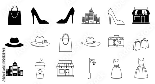 Collection of Fashion and City Life Icons in Black and White.