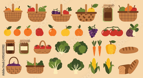 Collection of Fresh Fruits Vegetables and Jams in Baskets.