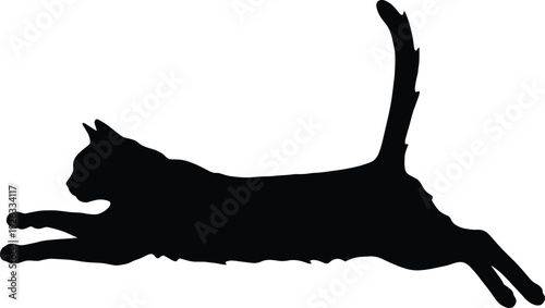 Black vector silhouette of a domestic cat jumping or leaping in mid air for pet agility animal action feline health and veterinary branding(24words)