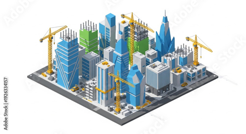 Miniature Cityscape with Construction Cranes.