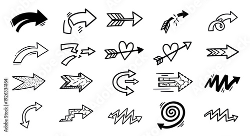 Collection of Hand-Drawn Doodle Arrows in Various Styles and Directions.