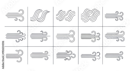 Collection of stylized wind icons representing different wind strengths and patterns.
