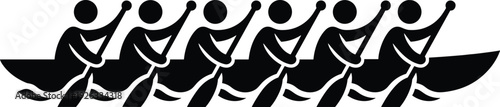 Black vector silhouette of a dragon boat rowing team with six athletes paddling in unison for competitive sports teamwork and water recreation designs