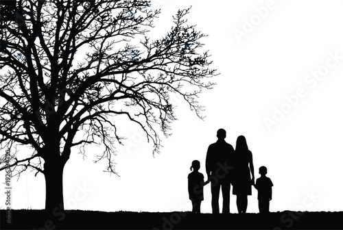 Black vector silhouette of a family with two children standing together outdoors under a large bare tree for nature exploration and domestic branding
