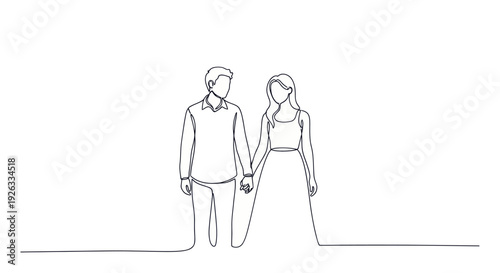 Continuous line drawing of a loving couple holding hands, symbolizing unity and affection.