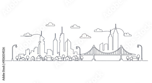 Continuous line drawing of a modern city skyline with skyscrapers and a bridge.