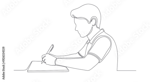 Continuous line drawing of a student writing in a notebook.