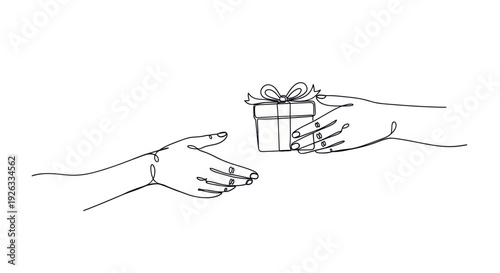 Continuous line drawing of one hand giving a gift box to another hand, symbolizing generosity and celebration.
