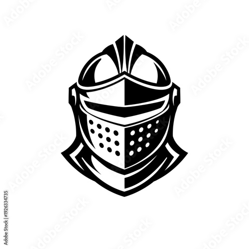 Striking black & white knight helmet logo, a powerful emblem of medieval valor, strength, and chivalry. This iconic warrior headpiece design is perfect for gaming mascots, sports teams, historical bra