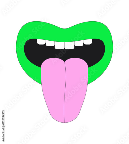 Funky tongue out acid lips vector illustration. Groovy cheeky gesture. Retro mood. Youth culture. Psychedelic pop humorous mouth 2D cartoon image isolated on white. Editable flat clipart colorful