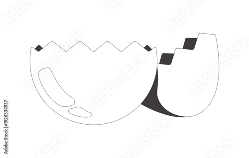 Broken eggshell split into two halves 2D line object. Funky fragments. Hatched cracked egg shell jagged edges and glossy isolated clipart vector ink outline item. Monochrome spot illustration