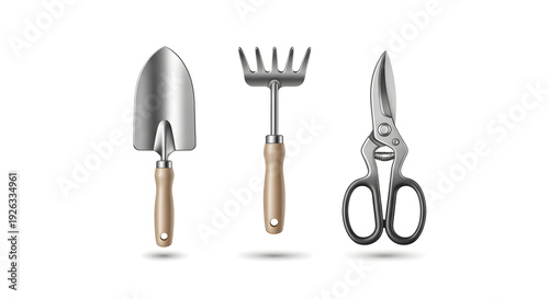 A collection of gardening tools including a trowel fork and shears