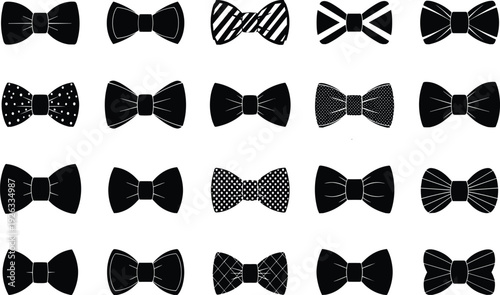 Collection of twenty stylized bow tie illustrations featuring solid, striped, polka dot, and geometric patterns for fashion and design themes