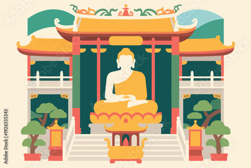Illustration Of A Buddha Statue In Front Of A Magnificent Temple Terrace, With A Place Of Worship Vector Design Template