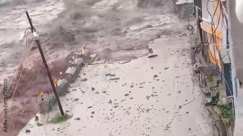 Close-up of a river overflowing due to flooding, violently destroying houses and streets in a city in India.