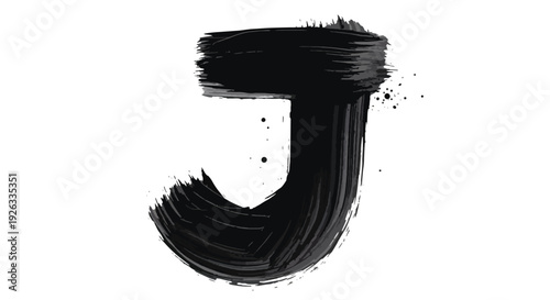 A bold, black, hand-painted letter J with a textured brushstroke effect and subtle paint splatters on a clean white background, showcasing an artistic and expressive typographic design.