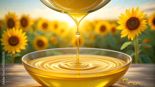 Sunflower oil pouring into a glass bowl with sunflowers in the background yellow