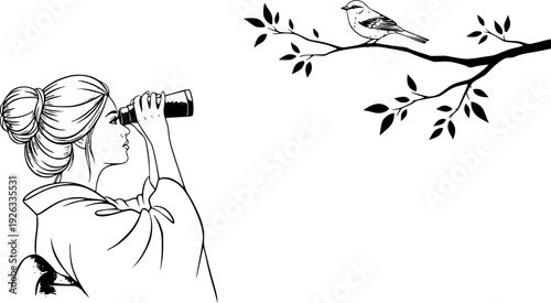 Elegant sumi-e illustration of a woman birdwatching, capturing