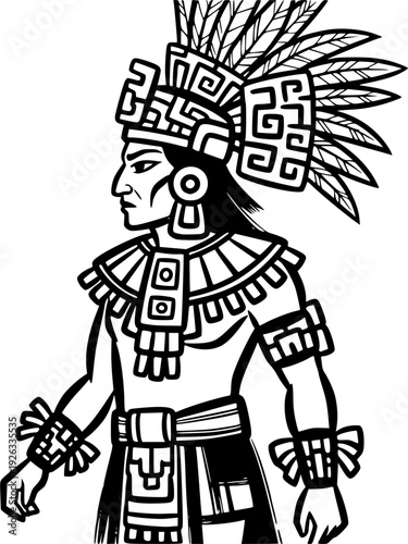 Stylized Mayan figure in ceremonial attire with minimalist brush 