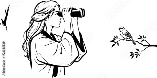 Elegant sumi-e illustration of a woman birdwatching, capturing