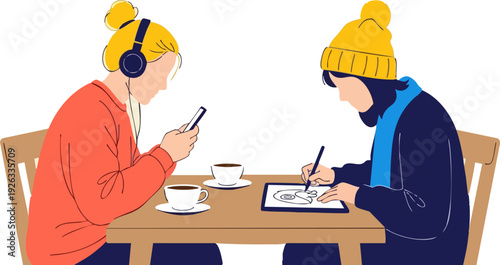 Two people sitting at a wooden table with coffee cups, one listening to music on a smartphone, the other drawing on a tablet, in a flat vector style.