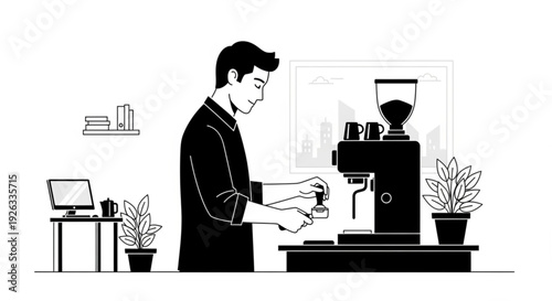 Monochrome illustration of a man crafting coffee at an office
