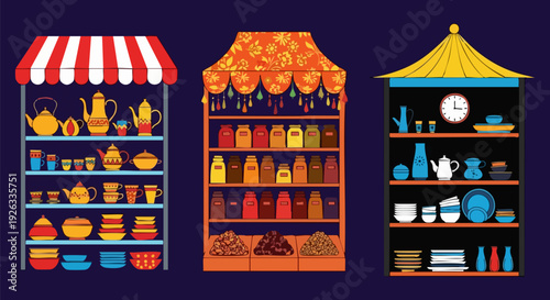 Market stalls vector collection. Includes a tea shop, spice shop, and souvenir shop with various products. Created in flat cartoon style with a dark blue background.