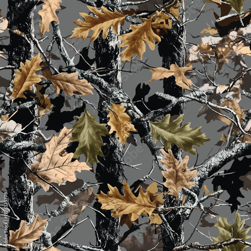 A highly detailed vector illustration of a seamless camouflage pattern featuring realistic oak leaves and tree branches in a dense forest setting.