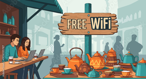 People working on laptops at outdoor coffee shop with free WiFi. Man and woman drinking coffee at street cafe with wooden pallet table and striped awning.