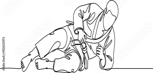 Brazilian Jiu Jitsu Fighters Grappling Continuous One Line Drawing Martial Arts Ground Fighting Minimalist Vector Illustration