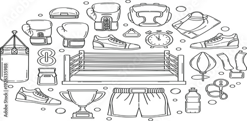 Boxing Equipment Doodle Set with Gloves Ring Punching Bag Helmet and Trophy Hand Drawn Outline Vector Illustration Collection