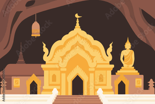 Illustration Of A Golden Temple Building And Buddha Statue Built Inside A Cave Vector Design Template
