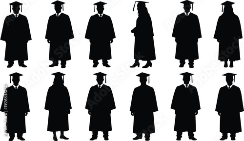 Silhouette group of diverse graduates in caps and gowns standing together celebrating academic success achievement education ceremony milestone illustration
