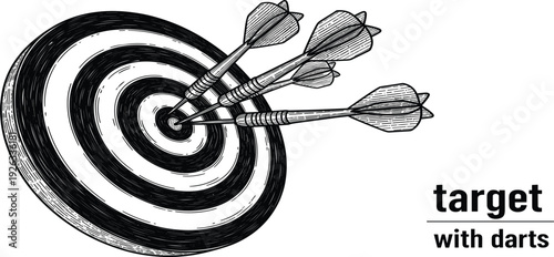 Dartboard Target with Darts Hitting Bullseye Hand Drawn Engraving Style Accuracy and Success Concept Vector Illustration for Game Design