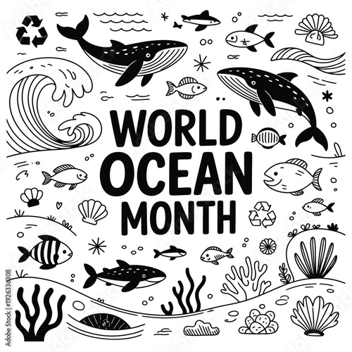 World ocean month sea life whales fish shells waves illustration