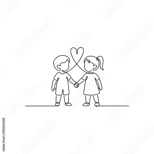 Continuous line drawing of little boy and girl holding hands with heart symbol