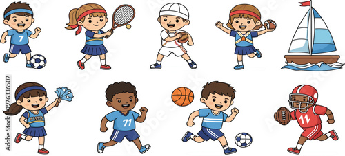 Kids Playing Different Sports Cartoon Character Set with Football Tennis Basketball Baseball and Cheerleading Flat Vector Illustration Collection