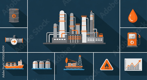 Oil refinery plant illustration, industrial complex, energy production, petroleum processing, chemical factory.