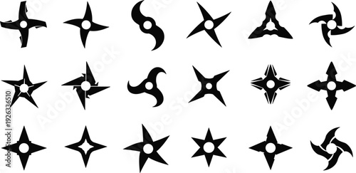 Ninja Shuriken Icon Set Black Throwing Star Silhouettes Collection Traditional Japanese Martial Arts Weapon Vector Illustration