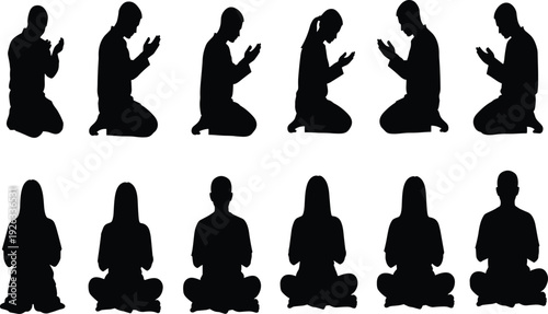 Silhouettes of diverse individuals practicing meditation and prayer in seated postures, symbolizing mindfulness, spirituality, and inner peace across cultures