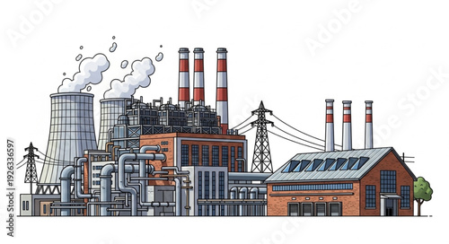 Complex industrial power plant with smokestacks and solar panels generating energy.