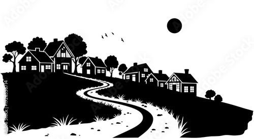 Vector illustration of a cartoon city landscape at night featuring a crescent moon over a haunted house silhouette and summer trees on a grassy hill